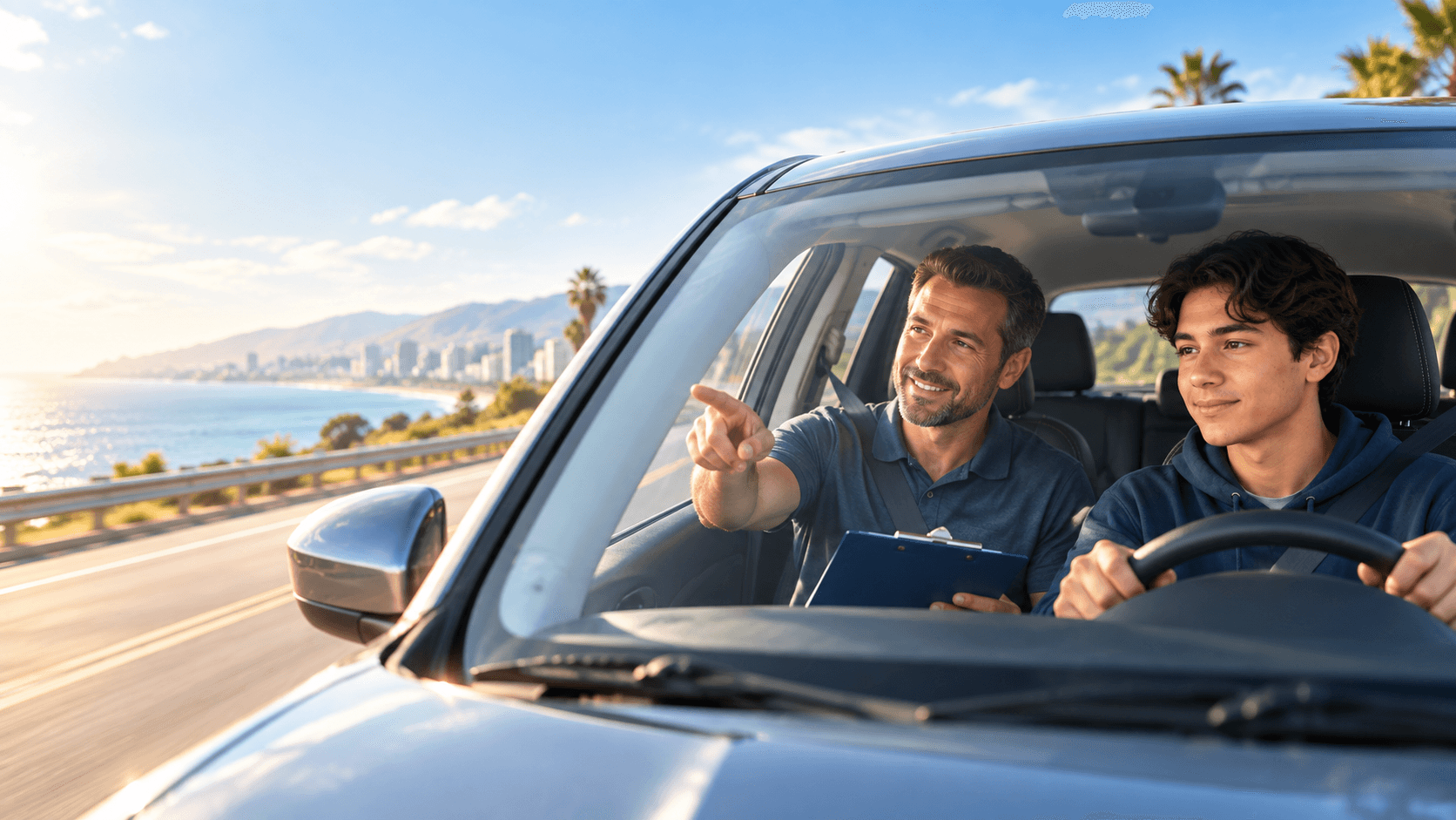 Teen learner receiving guidance from a driving instructor on a coastal road
